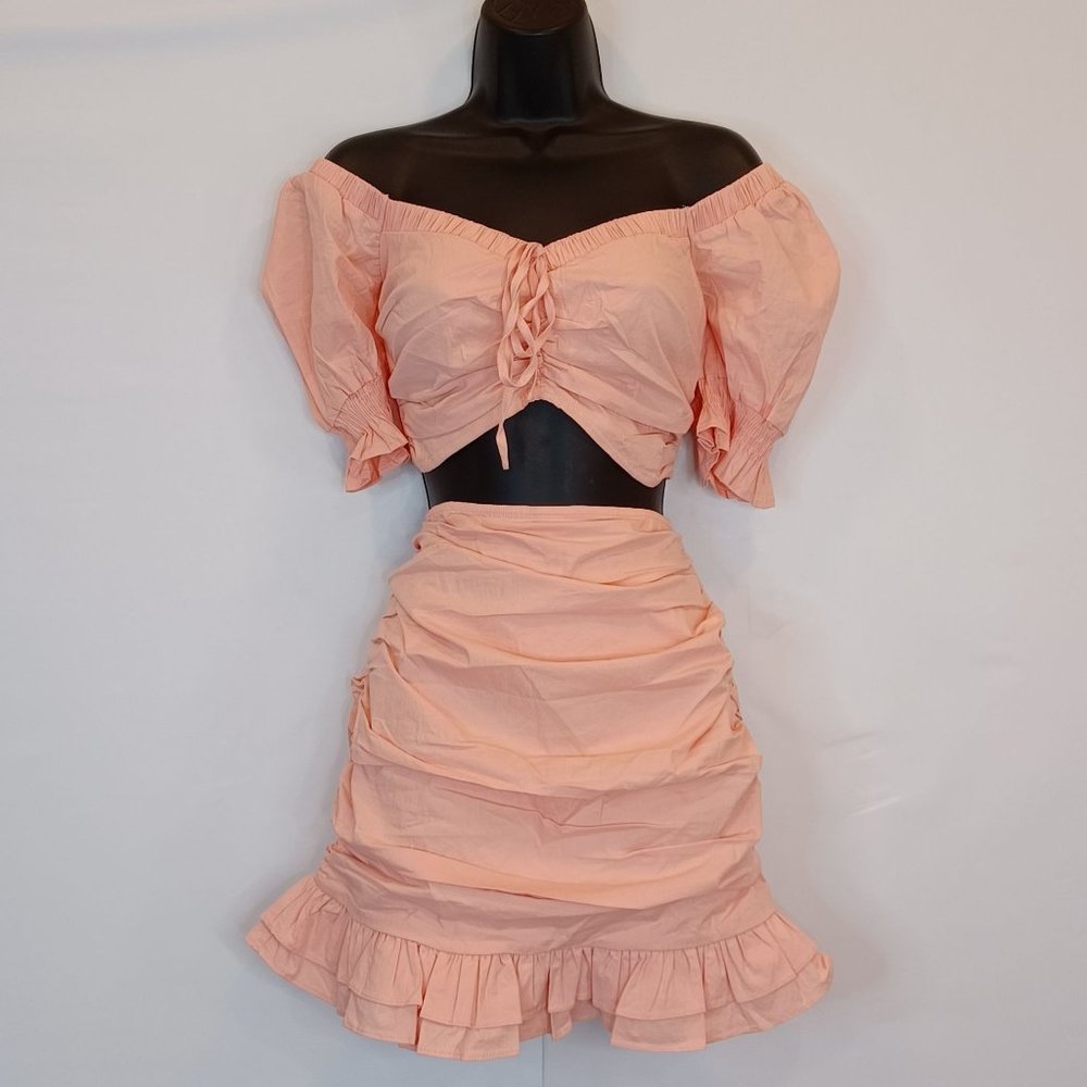 Privy WMN'S Sz L Ruched Smock 2 Piece Skirt Set Crop Puff Sleeve Ruffle Stretch - Picture 3 of 12